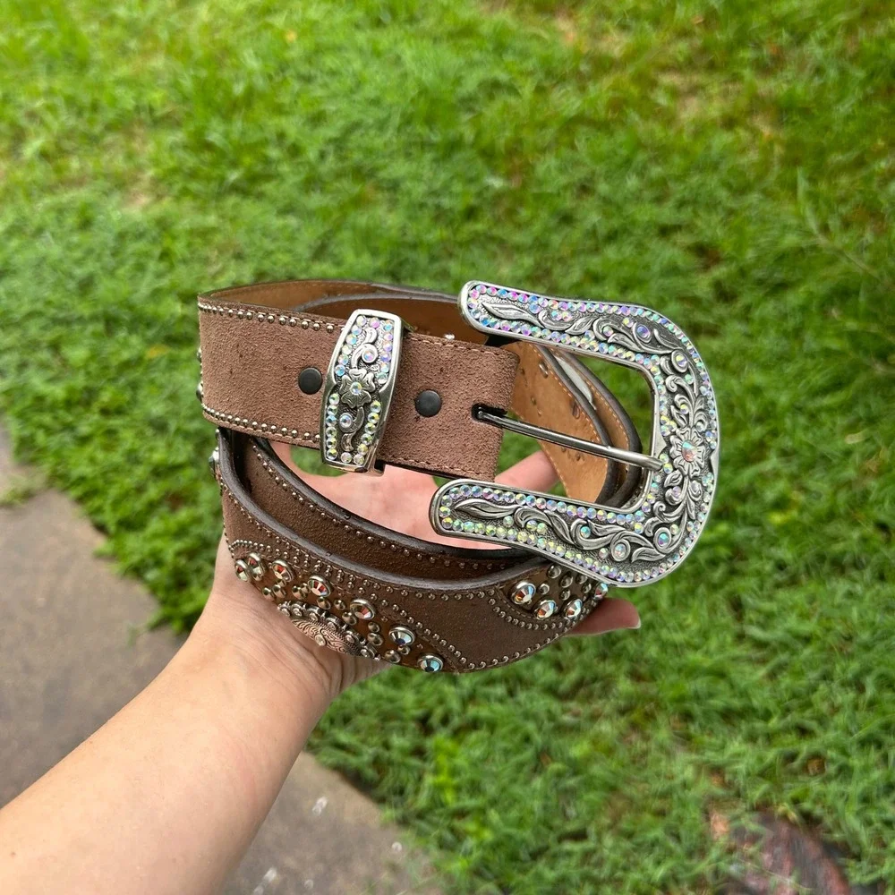 Tony Lama Leather Western Rhinestone Studded Belt 38 Oversized Buckle Cowboy